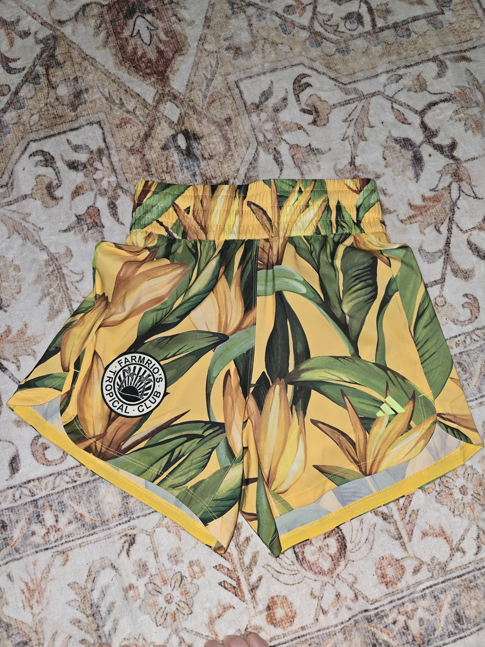 FARM Rio x Adidas Yellow Tropical Print Athletic Shorts. NWT
